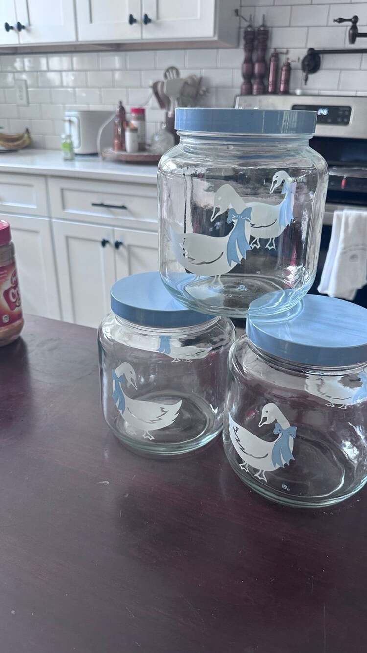 Set of 3 Vintage Glass Jars with Blue Goose Lids